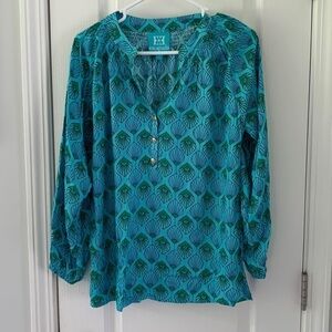Escapada blue‎ teal top blouse printed size Small peacock print smocked neck